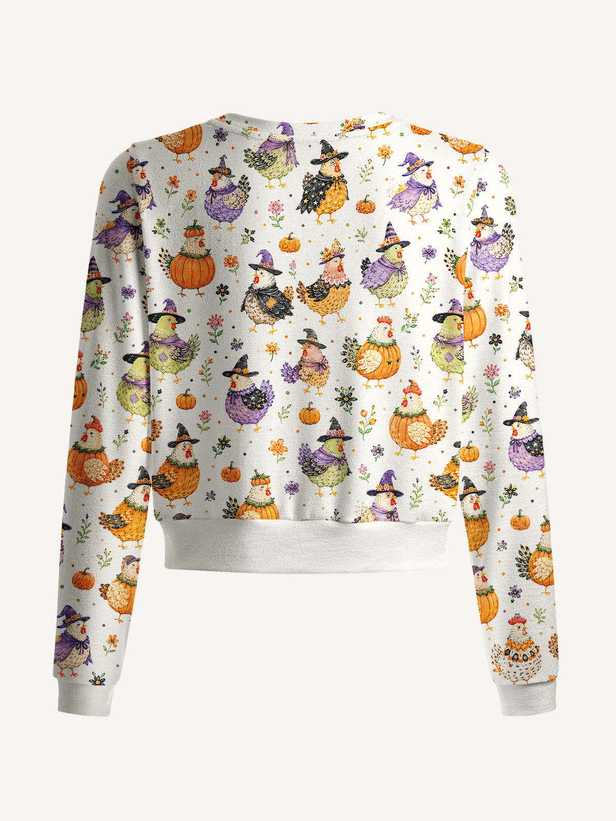 Lightweight Crew Neck Long‑Sleeve Cropped Cute Whimsical Chicken Colorful Print Fine‑Knit Cardigan