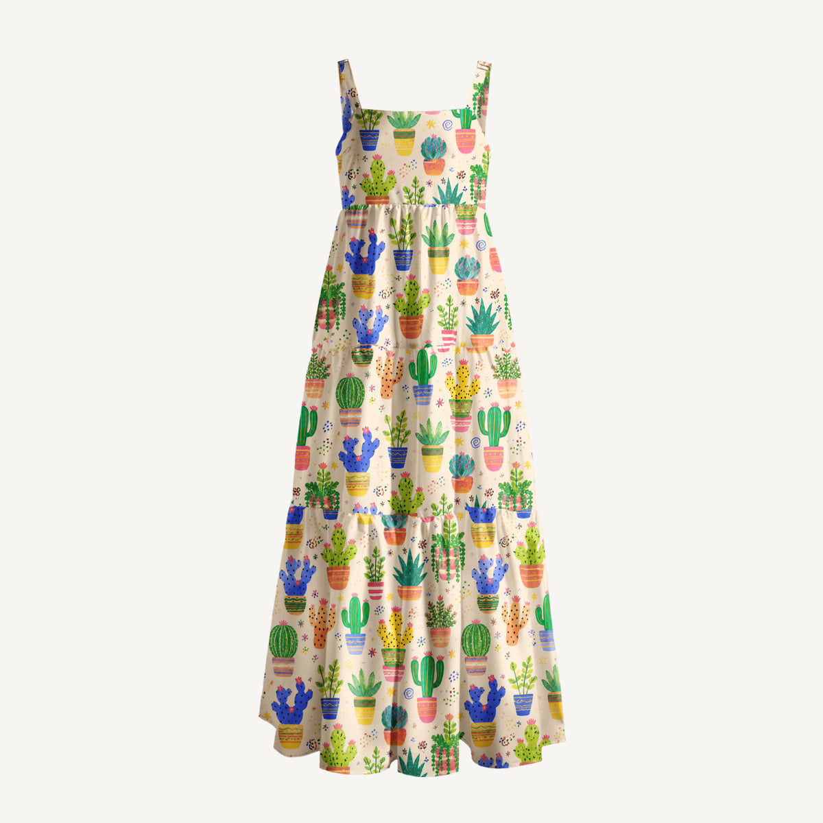 Colorful Cactus Garden In Pots Print Wide Straps Maxi Dress With Pockets