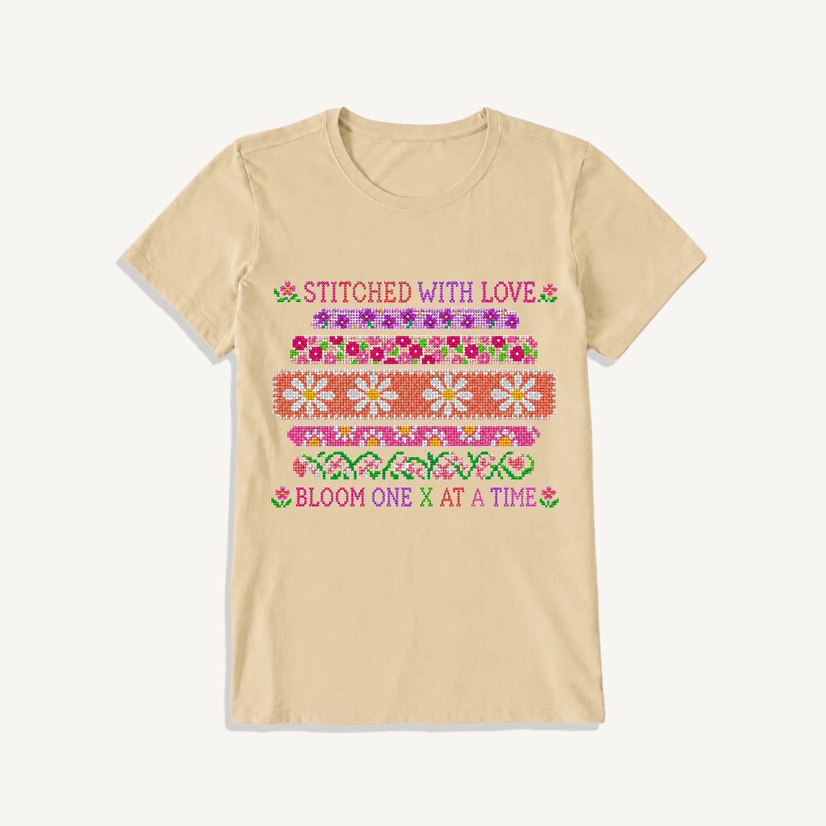 Floral Cross-Stitch Sampler Print Crew Neck Cotton Tee