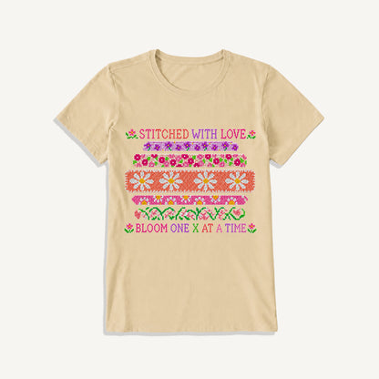 Floral Cross-Stitch Sampler Print Crew Neck Cotton Tee