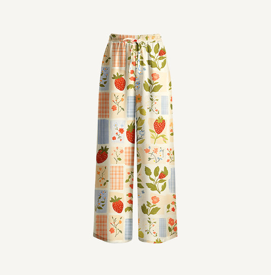 Strawberry Garden Patchwork Print Wide Leg Tie Waist Pants With Pockets