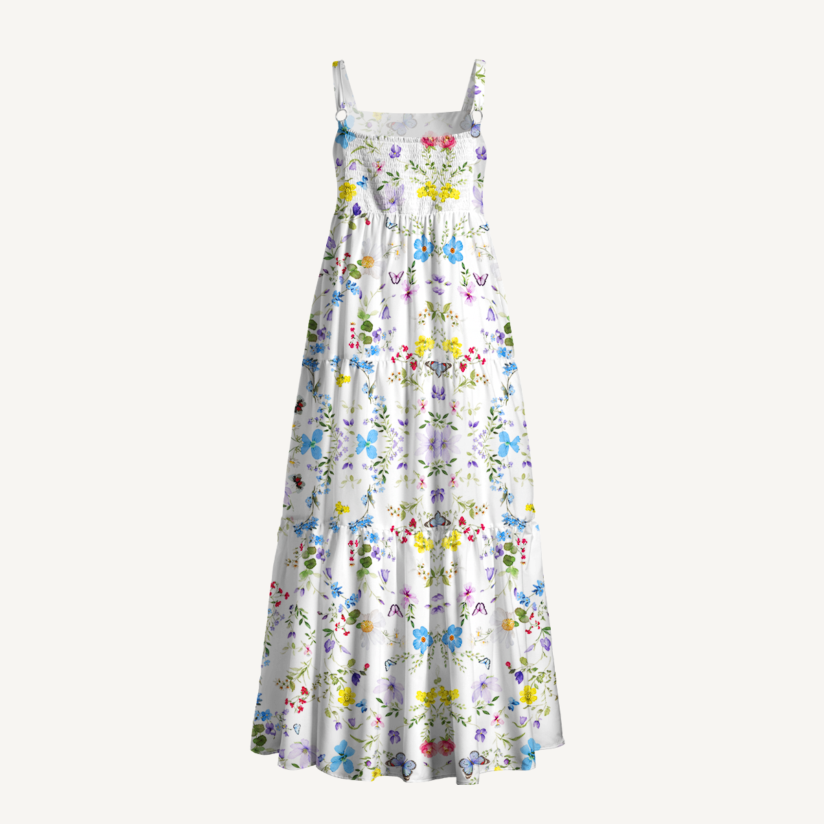 Square Neck Butterfly Trail Print Wide Straps Maxi Dress With Pockets
