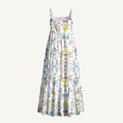 Square Neck Butterfly Trail Print Wide Straps Maxi Dress With Pockets