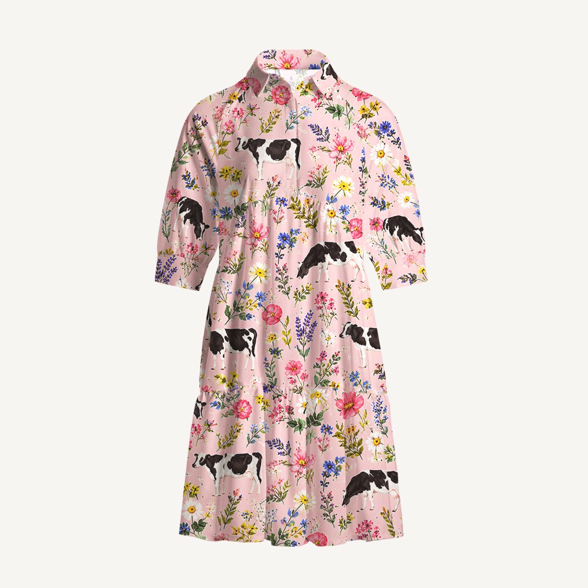 V Neck Collared Holstein Cattle Cow Farm Animal Floral Pink Mini Dress For Women With Pockets