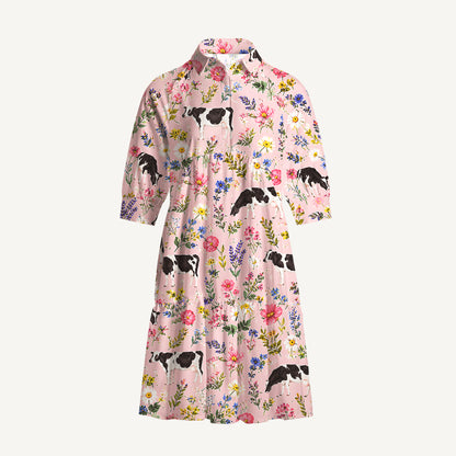 V Neck Collared Holstein Cattle Cow Farm Animal Floral Pink Mini Dress For Women With Pockets