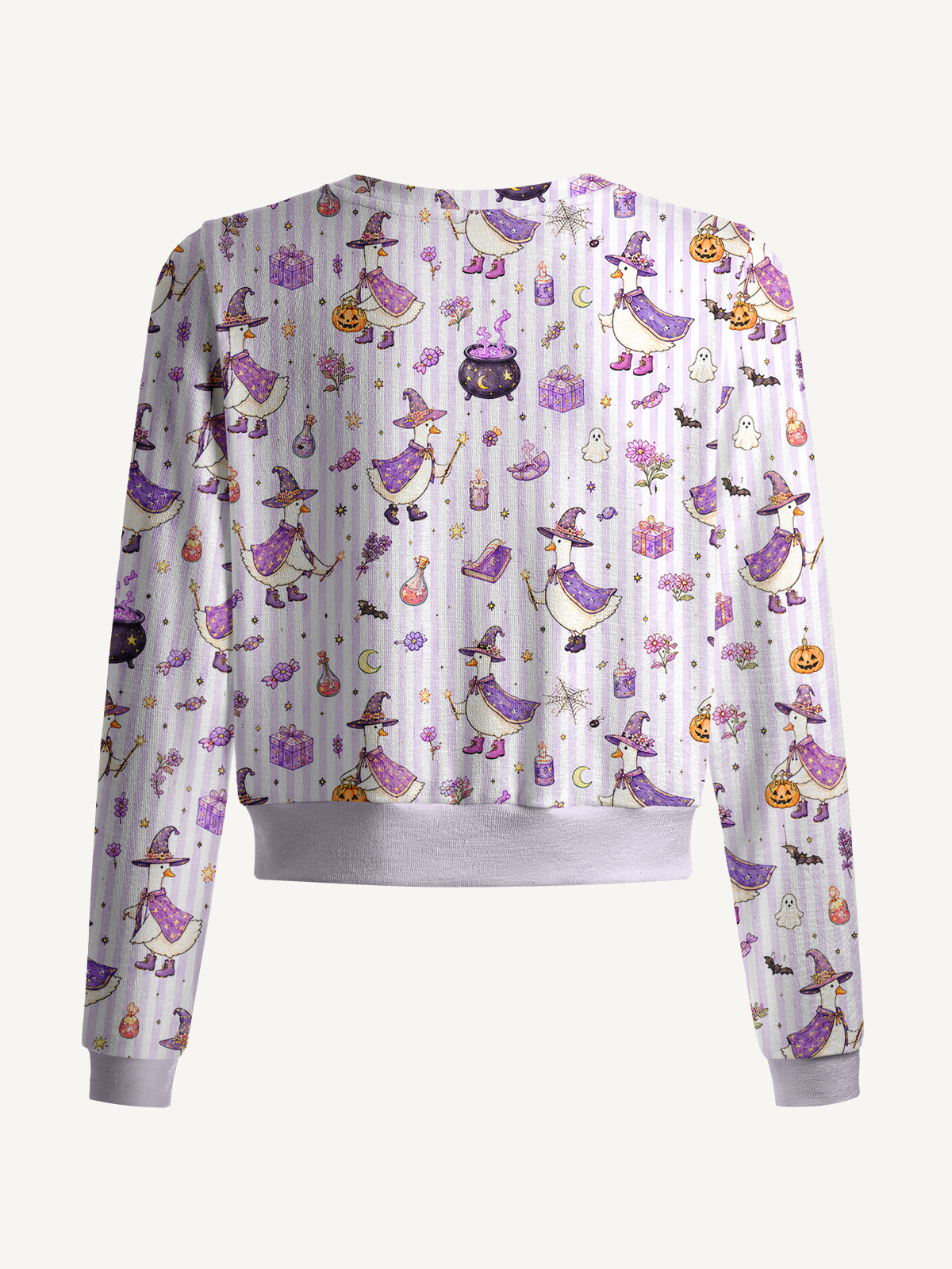 Lightweight Crew Neck Long‑Sleeve Cropped Halloween Witch Gooses Print Fine‑Knit Cardigan