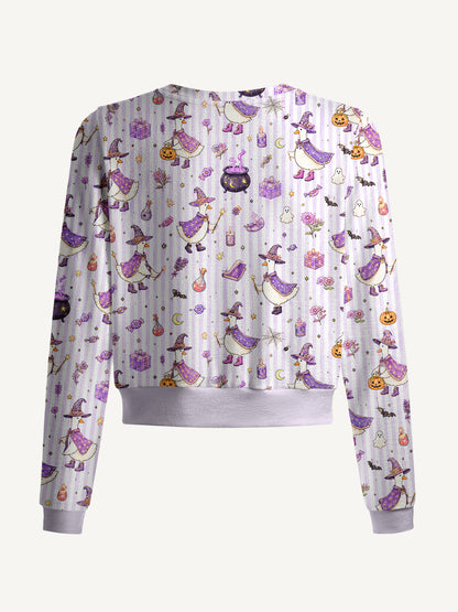Lightweight Crew Neck Long‑Sleeve Cropped Halloween Witch Gooses Print Fine‑Knit Cardigan