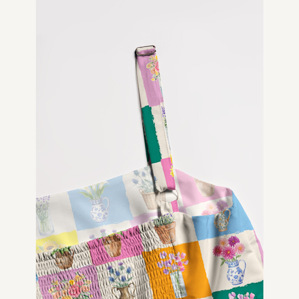 Color Block Flower Gallery Print Quilt Wide Straps Maxi Dress With Pockets