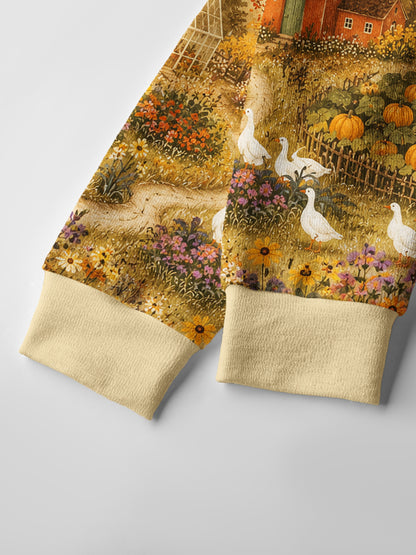 Lightweight Crew Neck Long‑Sleeve Cropped Autumn Garden Retreat Print Fine‑Knit Cardigan