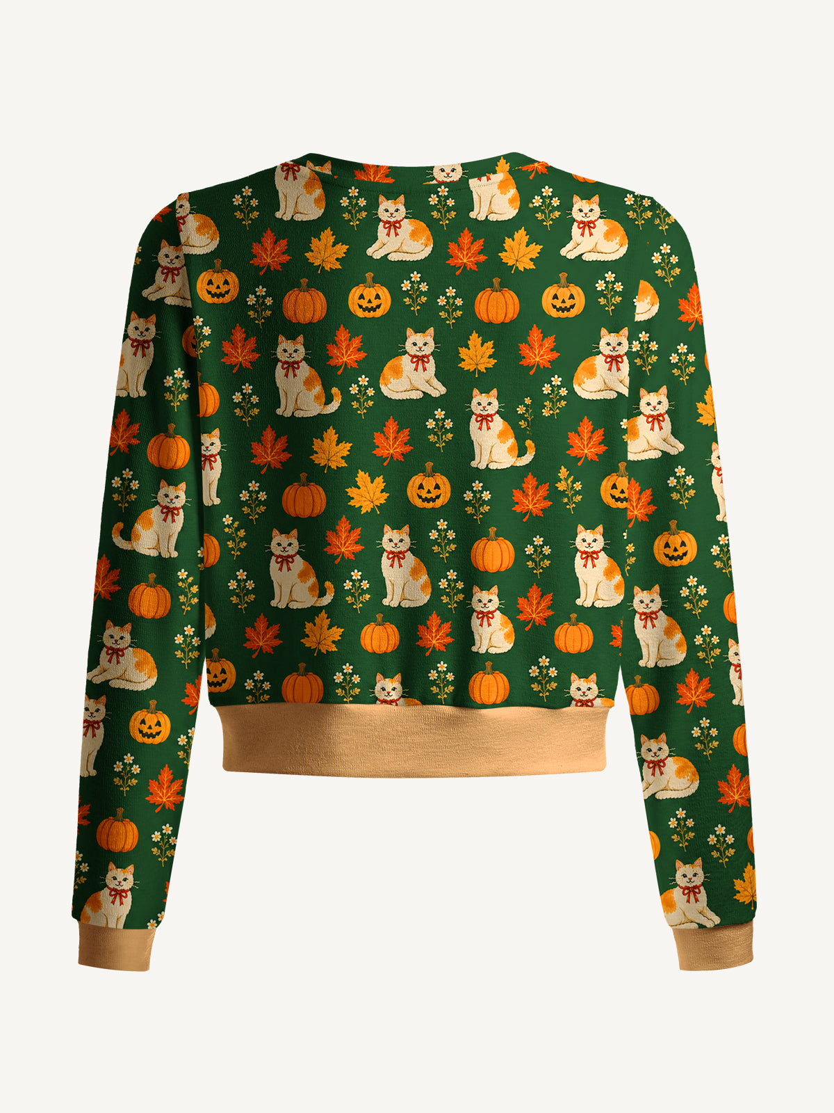 Lightweight Crew Neck Long‑Sleeve Cropped Pumpkin Patch Whiskers Print Fine‑Knit Cardigan