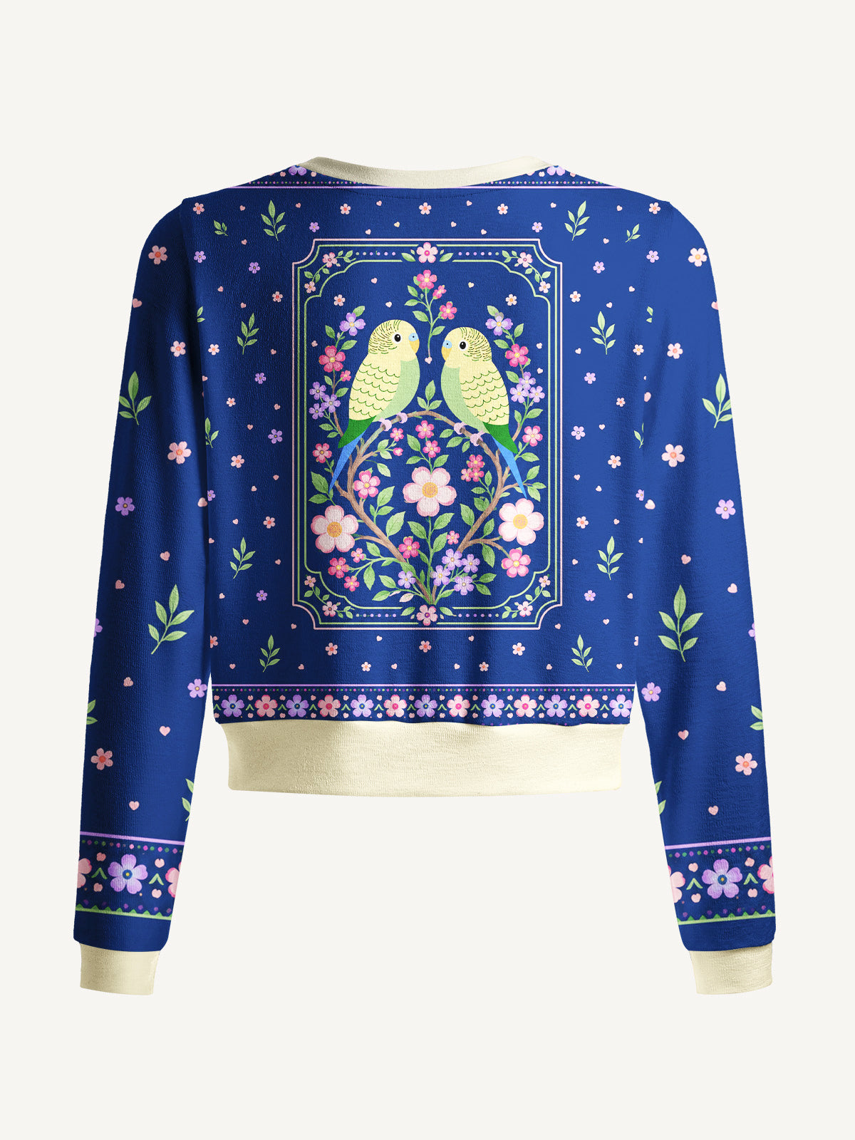 Lightweight Crew Neck Long‑Sleeve Cropped Midnight Garden Lovebirds Print Fine‑Knit Cardigan