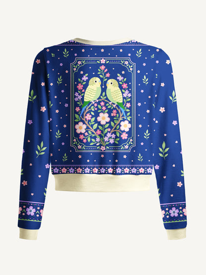 Lightweight Crew Neck Long‑Sleeve Cropped Midnight Garden Lovebirds Print Fine‑Knit Cardigan