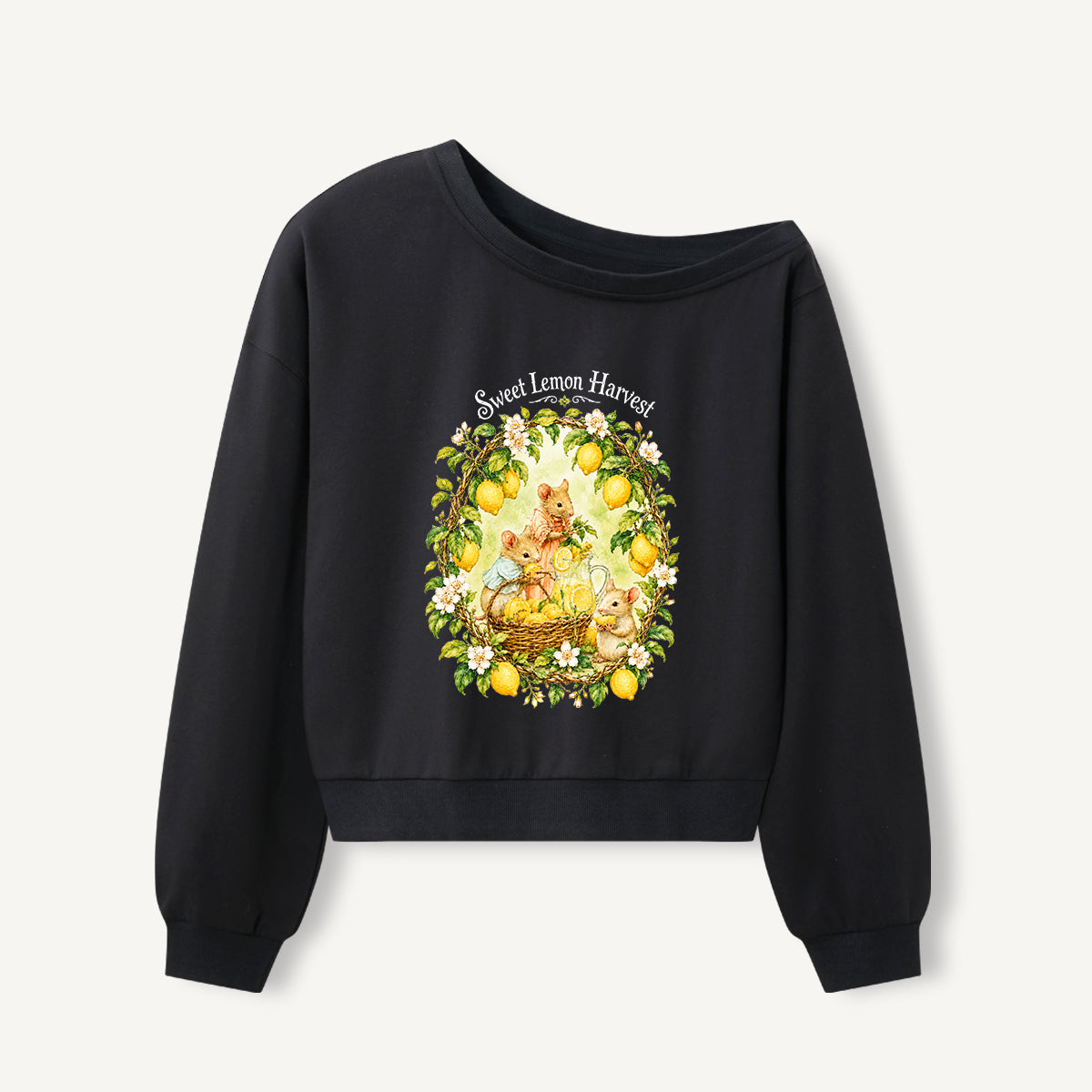 Sweet Lemon Harvest Print Off Shoulder Sweatshirts