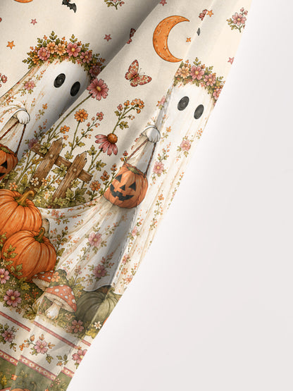 Garden Pumpkin Cat & Ghost Print Wide Straps Maxi Dress With Pockets