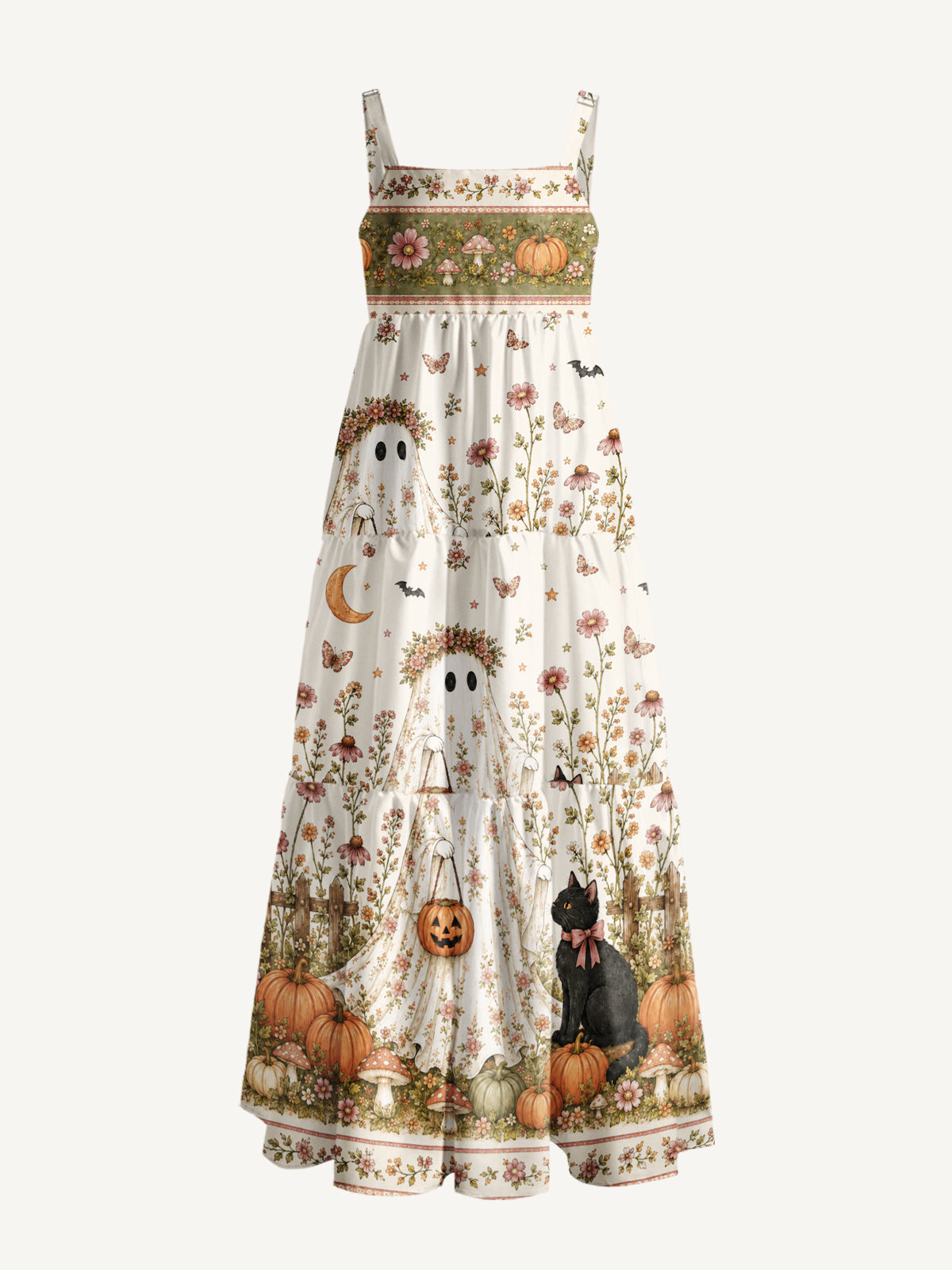 Garden Pumpkin Cat & Ghost Print Wide Straps Maxi Dress With Pockets