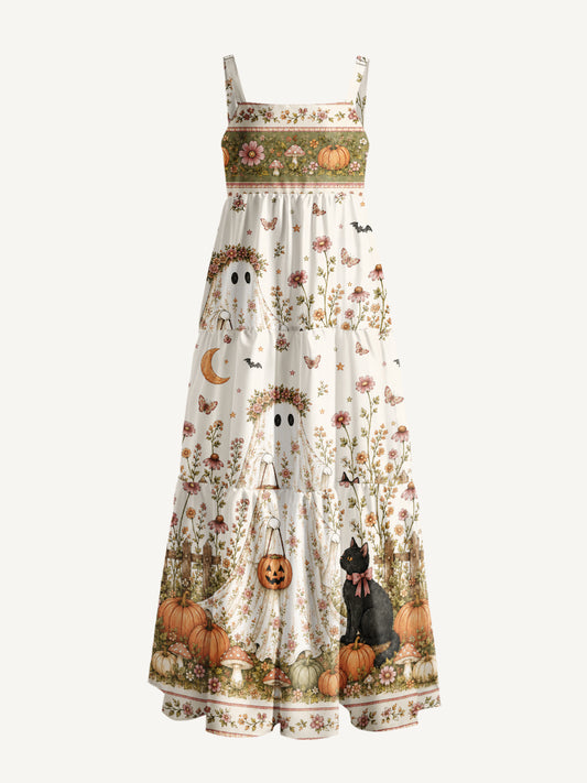 Garden Pumpkin Cat & Ghost Print Wide Straps Maxi Dress With Pockets