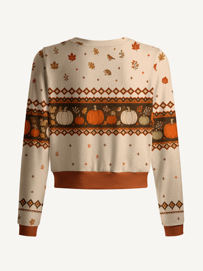 Lightweight Crew Neck Long‑Sleeve Cropped Woodland Pumpkin Harvest Print Fine‑Knit Cardigan