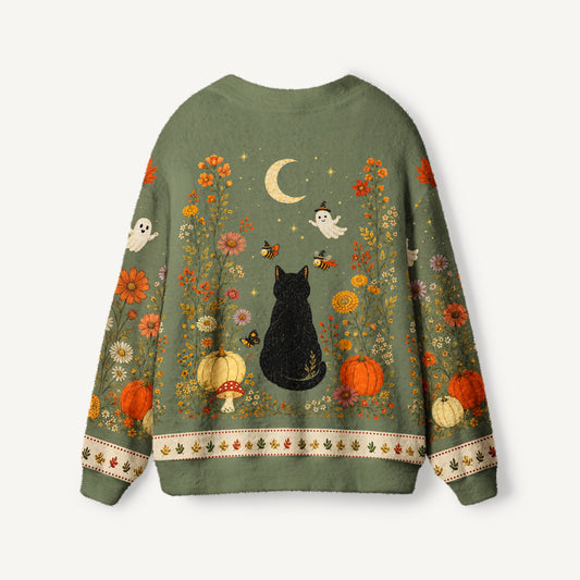 Twilight Pumpkin Garden Black Cat Print Halloween Ugly Cardigan Sweaters
