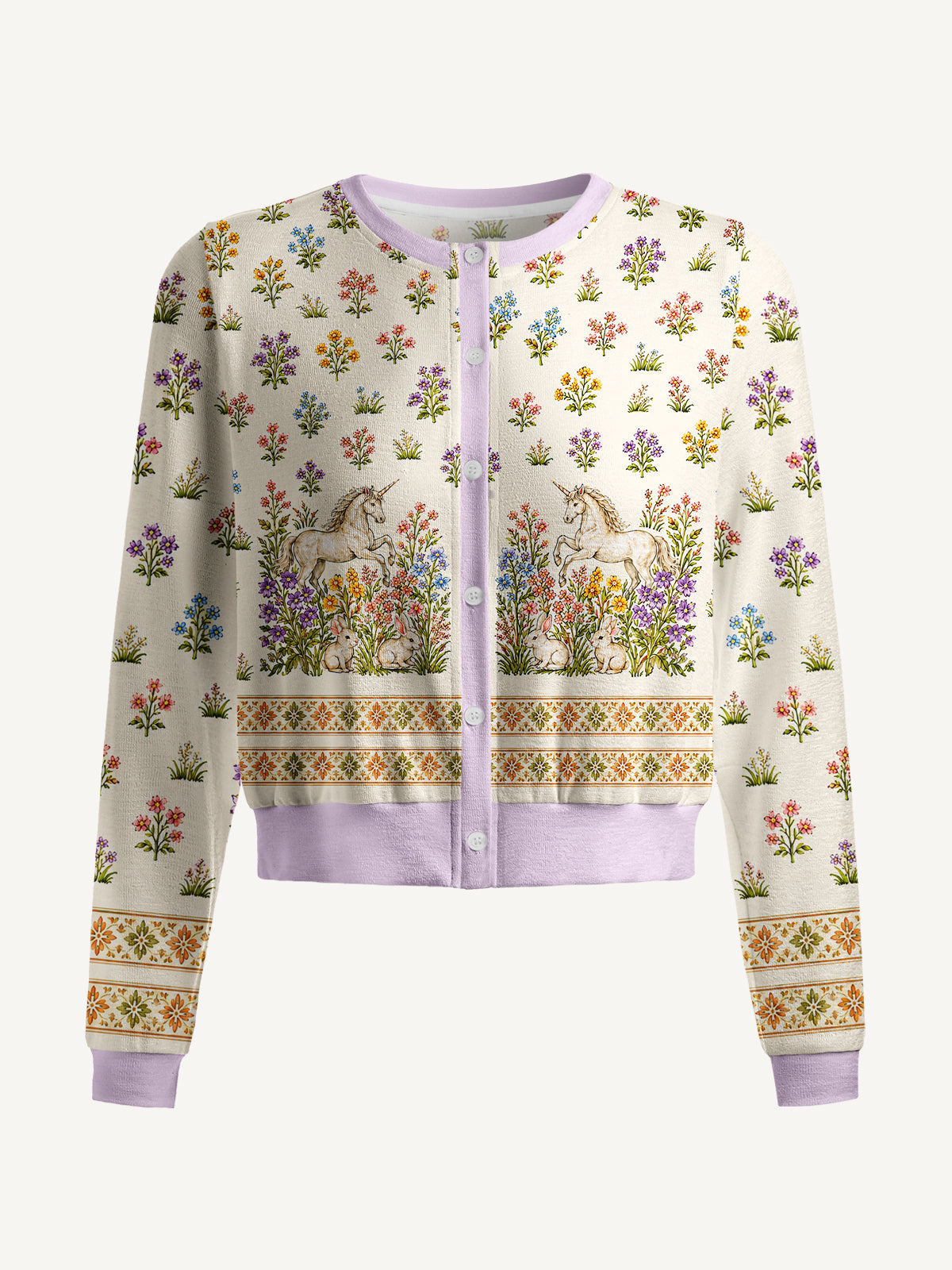 Lightweight Crew Neck Long‑Sleeve Cropped Enchanted Unicorn Garden Print Fine‑Knit Cardigan