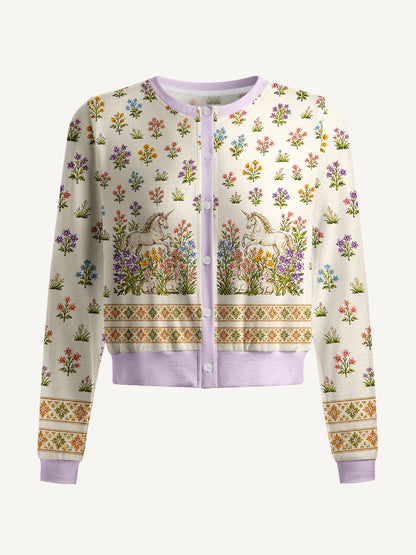 Lightweight Crew Neck Long‑Sleeve Cropped Enchanted Unicorn Garden Print Fine‑Knit Cardigan