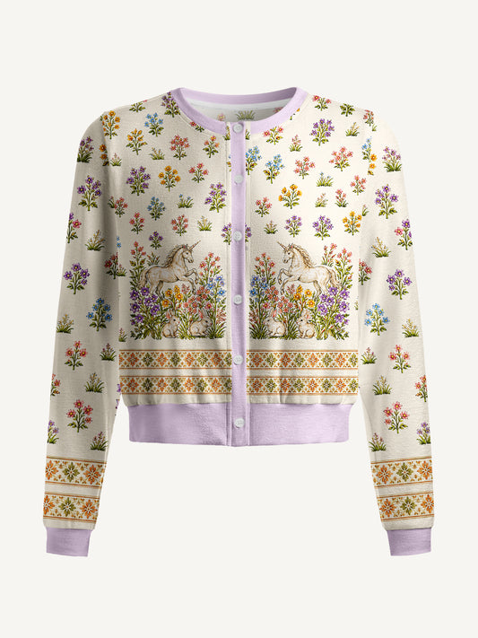 Lightweight Crew Neck Long‑Sleeve Cropped Enchanted Unicorn Garden Print Fine‑Knit Cardigan