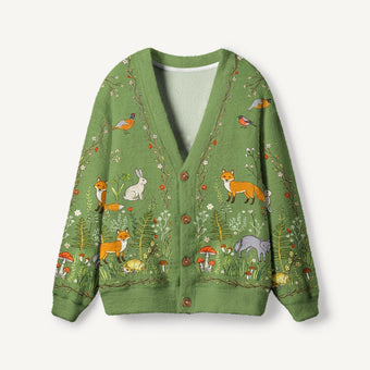 Whimsical Woodland Animals Print Halloween Ugly Cardigan Sweaters