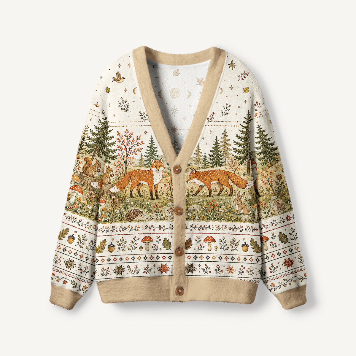 Moonlit Woodland Foxes Print Halloween Ugly Cardigan Sweaters