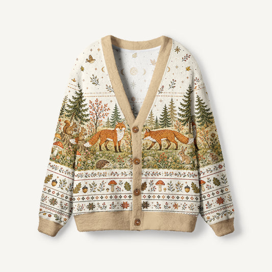 Moonlit Woodland Foxes Print Halloween Ugly Cardigan Sweaters