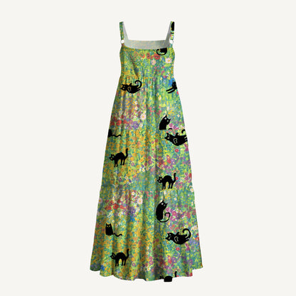 Square Neck Wildflower Garden Black Cat Print Wide Straps Maxi Dress With Pockets