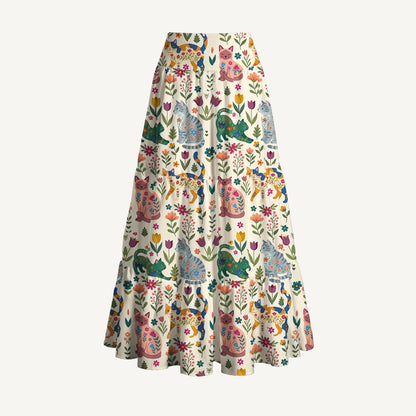 Cute Flower Cat Print Convertible Maxi Skirt & Strapless Dress