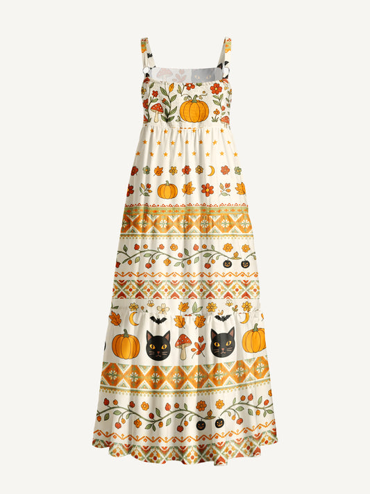 Autumn Fair Isle Pumpkin & Black Cat Print Wide Straps Maxi Dress With Pockets