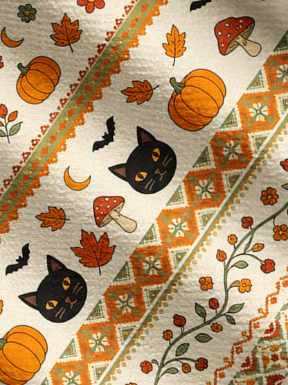 Lightweight Crew Neck Long‑Sleeve Cropped Autumn Fair Isle Pumpkin & Black Cat Print Fine‑Knit Cardigan
