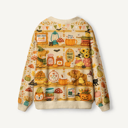 Cozy Autumn Shelves Print Halloween Ugly Cardigan Sweaters