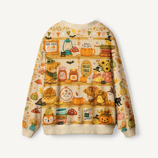 Cozy Autumn Shelves Print Halloween Ugly Cardigan Sweaters