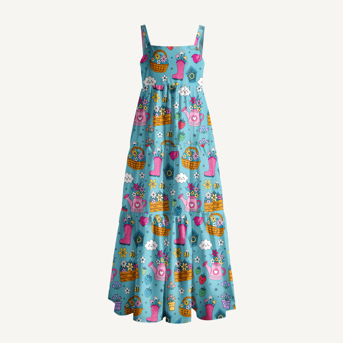 Spring Garden Print Wide Straps Maxi Dress With Pockets