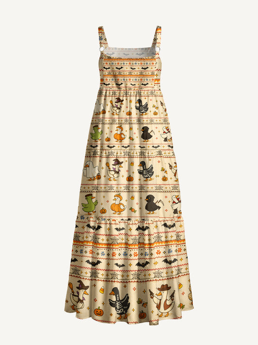 Halloween Ducks Collection Print Wide Straps Maxi Dress With Pockets