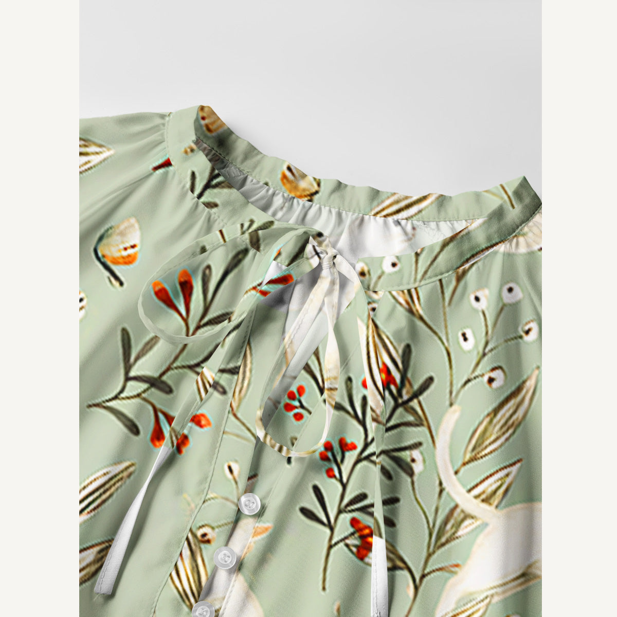 Enchanted Meadow Cat Print Boho Tie‑Neck Smock Mini Dress