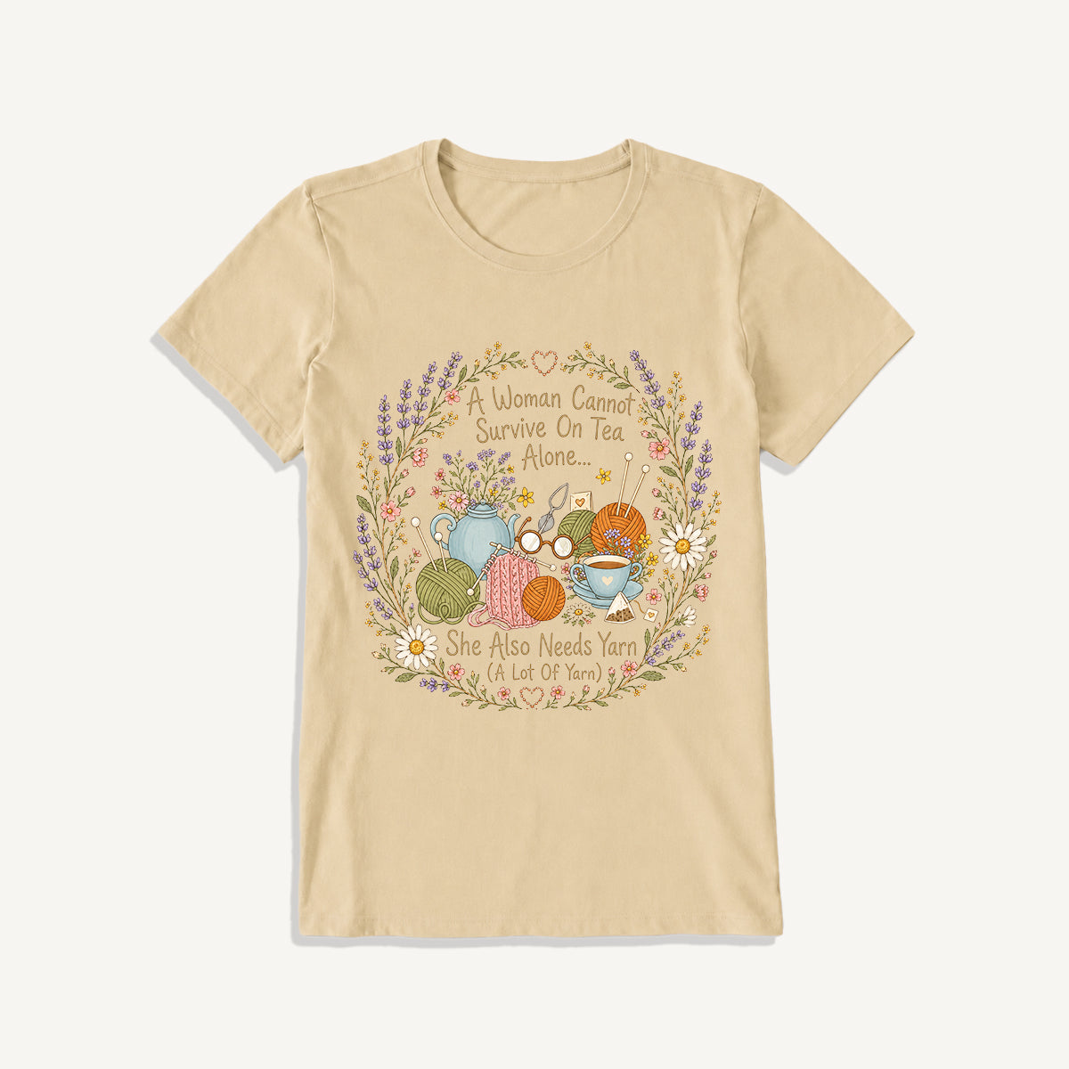 Vintage Floral Knitting Circle Print Crew Neck Cotton Tee