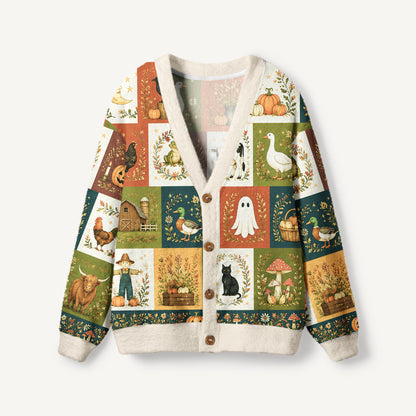 Pumpkin Farm Halloween Patchwork Print Halloween Ugly Cardigan Sweaters