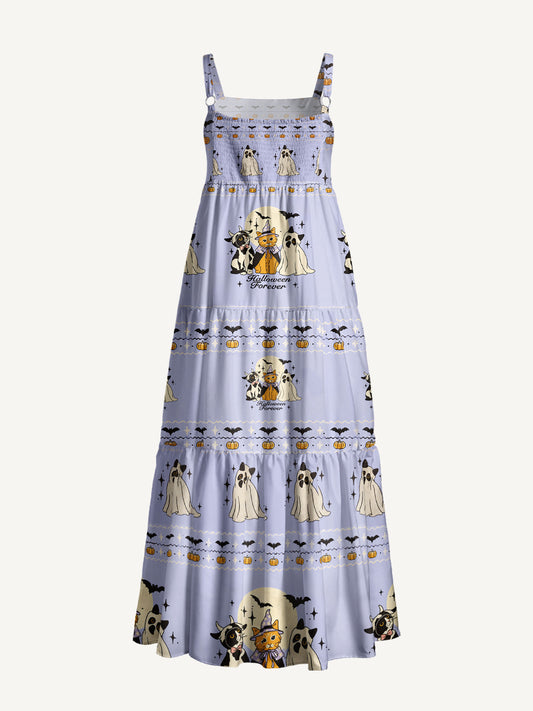 Halloween Cats Forever Print Wide Straps Maxi Dress With Pockets