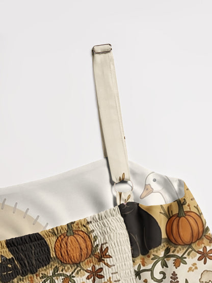 Pumpkin Farm Black Cat Magic Print Wide Straps Maxi Dress With Pockets
