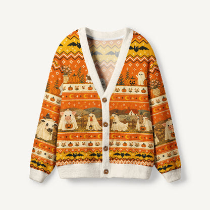 Ghostly Farm Friends Print Halloween Ugly Cardigan Sweaters
