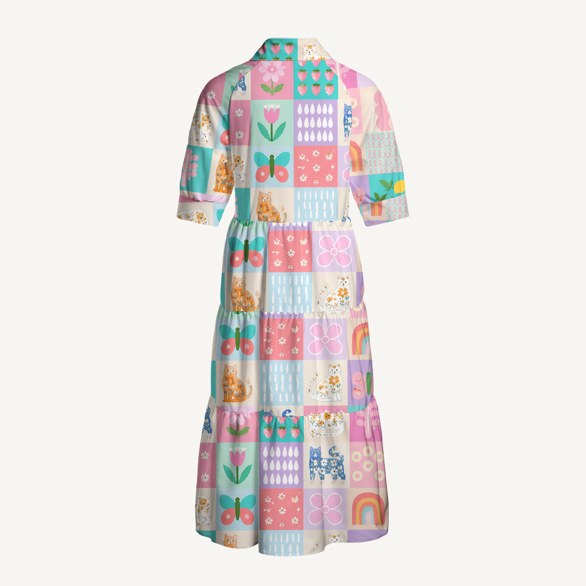 V Neck Collared Pastel Patchwork Kitty Print Casual Midi Dress With Pockets