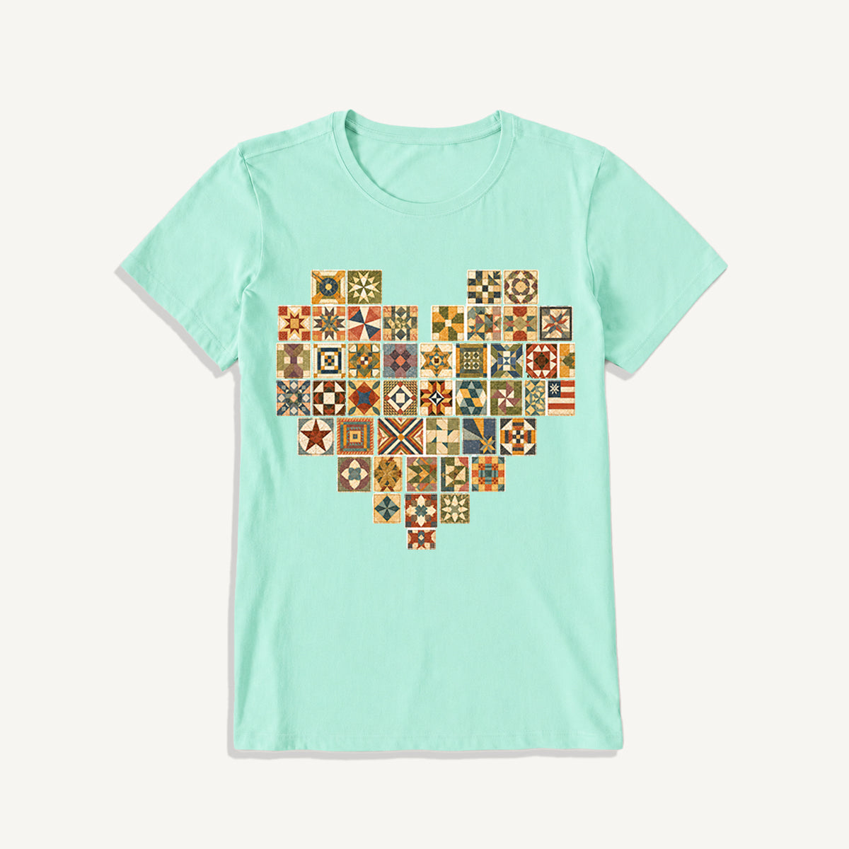 Vintage Quilt Block Heart Print Crew Neck Cotton Tee