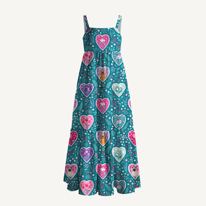Woodland Hearts Cat Print Wide Straps Maxi Dress With Pockets