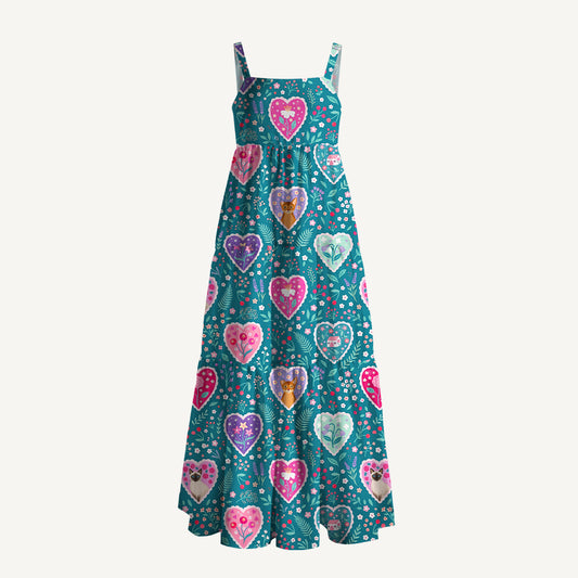 Woodland Hearts Cat Print Wide Straps Maxi Dress With Pockets