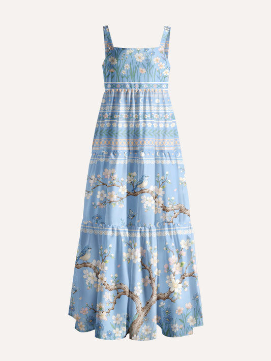 Almond Blossoms Under the Stars Print Wide Straps Maxi Dress With Pockets
