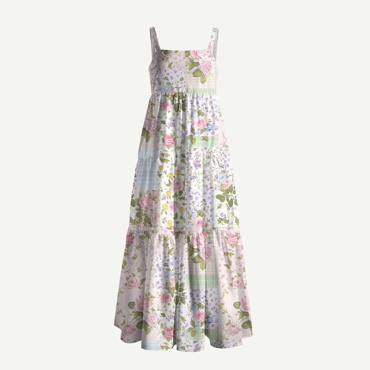 Pastel Rose Print Patchwork Wide Straps Maxi Dress With Pockets