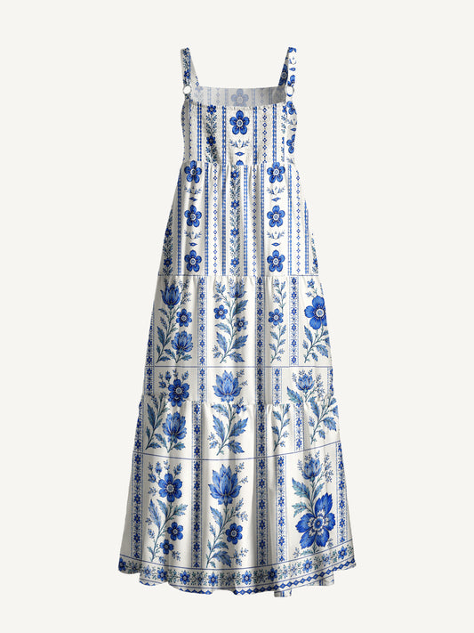 Indigo Garden Stripe Print Wide Straps Maxi Dress With Pockets