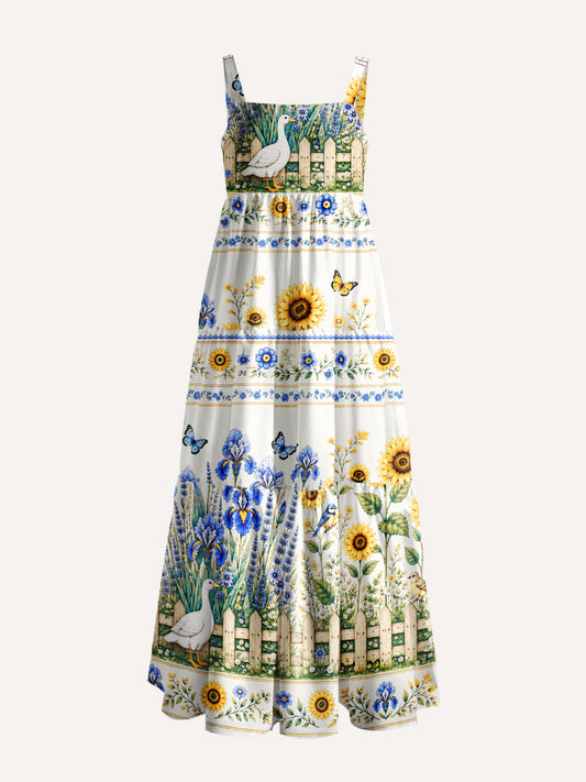 Blue Meadow Sunflower & Iris Print Wide Straps Maxi Dress With Pockets